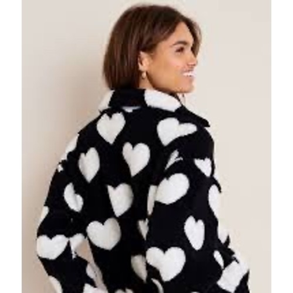 Francescas Heart Print Fleece Quarter Zip Sherpa Pullover Black White‎ Jacket aa